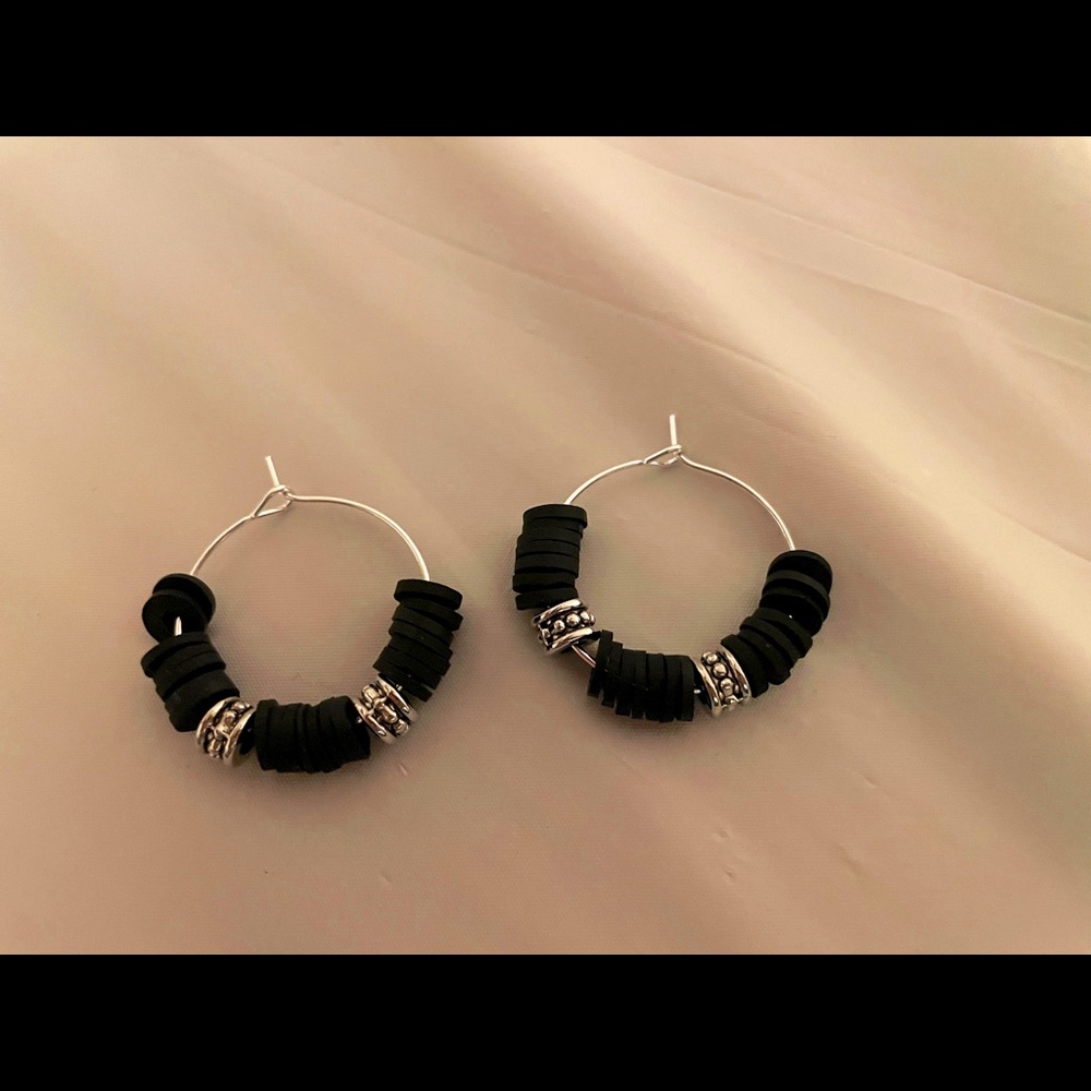 handmade polymer clay bead earrings black and silver.  1 inch silver hoops.
